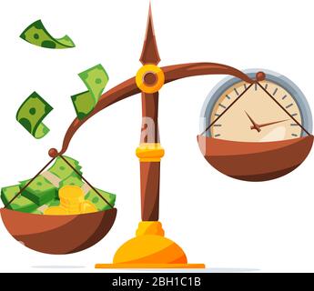 Économisez votre argent. Horloge et argent sur les échelles. Concept d'investissement. Comparaison de temps et d'argent sur l'échelle, illustration vectorielle Illustration de Vecteur