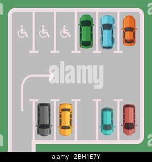 Parking vectoriel avec places pour personnes handicapées avec illustration de la vue de dessus de la voiture Illustration de Vecteur