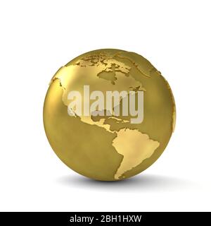 Globe doré montrant l'Amérique du Nord et du Sud. Rendu tridimensionnel Banque D'Images