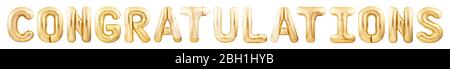 Félicitations mot fait de lettres de ballon d'or isolées sur fond blanc Banque D'Images
