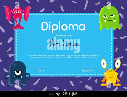 Diplôme ou certificat pour enfants horizontaux vectoriels avec de jolis personnages dessins animés monstres dans les coins illustration Illustration de Vecteur