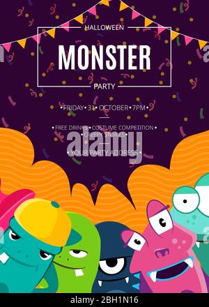 Poster d'invitation à la fête d'Halloween vectoriel avec une foule de monstres mignons, de confettis et de guirlandes sur une illustration de fond vague Illustration de Vecteur