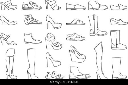 Chaussures différentes pour les hommes et les femmes. Illustrations vectorielles en style linéaire. Chaussures mode homme et femme, chaussures et sneaker illustration de ligne Illustration de Vecteur