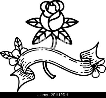 tatouage traditionnel de dessin au trait noir avec bannière de rose Illustration de Vecteur