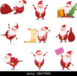 Symboles de Noël de drôle mignon santa. Différents caractères définis dans les poses dynamiques. Père Noël avec arbre de noël et cadeaux de sac. Illustration vectorielle Illustration de Vecteur