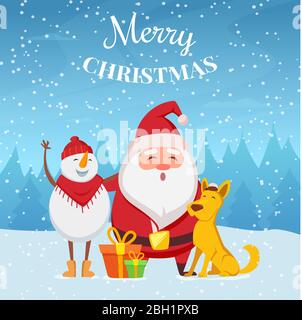 Fond de Noël avec des personnages bizarres. Santa, bonhomme de neige et chien jaune. Personnages d'hiver de dessin animé de Noël. Illustration vectorielle Illustration de Vecteur