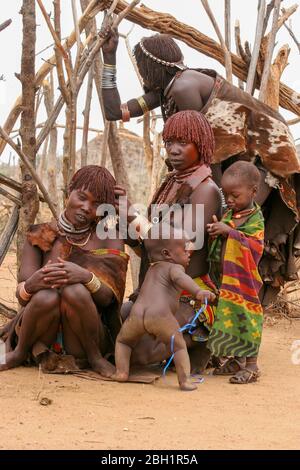 Portrait d'une femme Hamer Tribeswoman. Les cheveux sont recouverts de boue ocre et de graisse animale. Photographié dans la vallée de la rivière Omo, en Ethiopie Banque D'Images