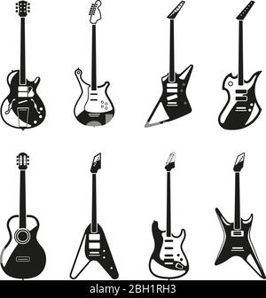 Différents guitares électriques rock. Guitare musicale monochrome vectorielle, illustration d'instruments de rock électrique Illustration de Vecteur