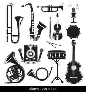 Différentes images monochromes d'instruments de musique isolés en blanc. Ensemble de photographies vectorielles de batterie d'instruments de musique et de trompette, de saxophone et de viol Illustration de Vecteur