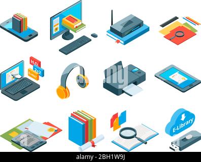 Symboles isométriques de l'éducation en ligne. Icônes de l'apprentissage en ligne. Ordinateur, ordinateur portable, smartphone et autres gadgets pour l'enseignement. Ordinateur portable isométrique et Illustration de Vecteur