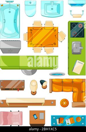 Différents meubles pour la disposition de l'appartement. Les images vectorielles définissent la vue de dessus. Appartement intérieur plan chambre, canapé et table illustration Illustration de Vecteur