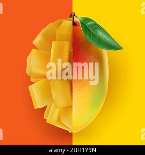 Une demi-mangue entière combinée à une demi-mangue coupée en dés. Illustration de Vecteur