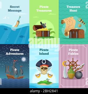 Différentes cartes d'invitation de thème pirate. Illustrations vectorielles avec emplacement pour votre texte. Chasse aux cartes de pirate Trésor et aventure Illustration de Vecteur