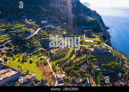 Espagne, Iles Baléares, Banyalbufar, Drone vue sur la ville et les champs en terrasse de Serra de Tramuntana Banque D'Images