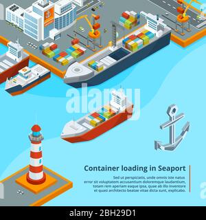 Navire de fret sec avec conteneurs. Travaux industriels maritimes. Illustrations isométriques. Transport de navires dans le port maritime, transport isométrique de fret Illustration de Vecteur