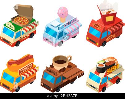 Images isométriques vectorielles de différents camions alimentaires dans la rue. Illustration de camion isométrique à pizza et à glace Illustration de Vecteur