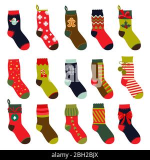Ensemble de chaussettes de noël. Illustrations vectorielles à plat. Chaussettes d'hiver de Noël pour des vacances-cadeaux Illustration de Vecteur