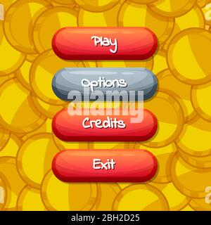 Boutons de style vectoriel de dessin animé activés et désactivés avec texte pour la conception de jeu sur l'illustration d'arrière-plan des pièces d'or Illustration de Vecteur