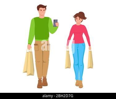 Jeune couple homme et femme va faire du shopping plat de dessin animé. Sacs d'épicerie, emballages alimentaires. Des gens souriants et heureux, avec un smartphone. Des vêtements décontractés. Illustration vectorielle isolée sur un blanc Illustration de Vecteur
