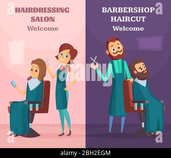 Bannières avec illustrations de coiffeurs au travail. Vector barber homme et femme travaillent dans un salon de coiffure Illustration de Vecteur