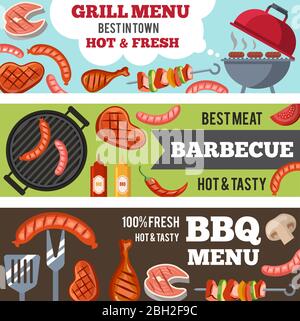 Bannières horizontales vectorielles avec illustrations de différents aliments pour la fête du barbecue. Affiche grillée de cuisson de viande et de saucisse Illustration de Vecteur