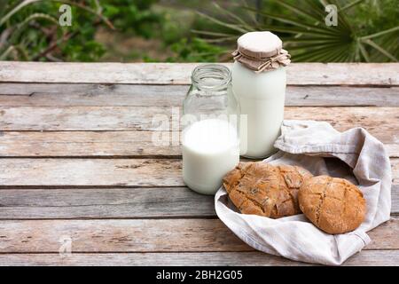 Lait biologique frais de végétalien dans une bouteille et pain plat rond brun de seigle sur table rustique en bois sur fond de nature. Banque D'Images