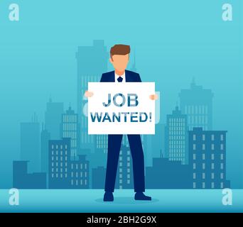 Vecteur d'un homme sans emploi main tenant l'emploi voulait placarde, à la recherche de travail sur le fond de paysage urbain Illustration de Vecteur