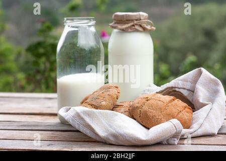 Lait biologique frais dans une bouteille et pain plat rond brun de seigle sur table rustique en bois sur fond de nature. Banque D'Images