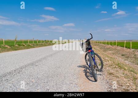 Vue arrière d'un vélo stationné sur une route asphaltée et des champs verts sur le côté de la route Banque D'Images