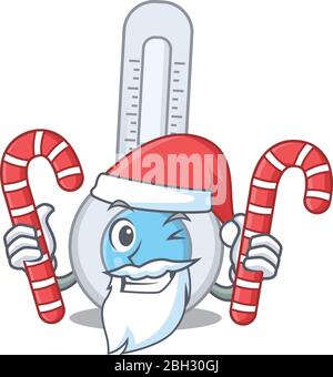 Thermomètre froid convivial à Santa Cartoon personnage tient des bonbons de Noël Illustration de Vecteur