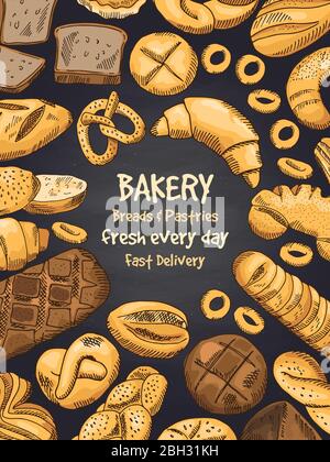 Illustration des aliments de boulangerie sur tableau noir. Affiche ou modèle de menu de conception. Produits de boulangerie frais, pain et pain, pain et croissant vecteur Illustration de Vecteur