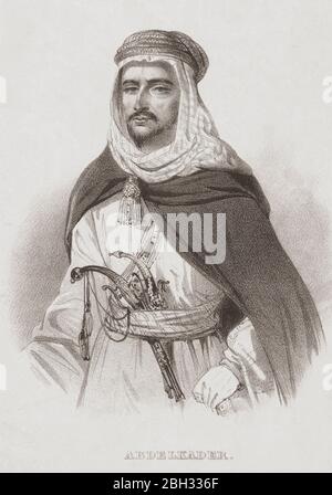 Abdelkader ibn Muhieddine, 1808 – 1883. Aussi connu sous le nom d'Emir Abdelkader, Abdelkader El Djezairi et Abd al-Qadir. Leader algérien qui a mené la lutte contre l'invasion coloniale française du XIXe siècle. Après une oeuvre du XIXe siècle d'un artiste inconnu. Banque D'Images