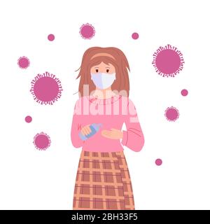 Belle fille masquée utilise un antiseptique, arrêter la bande dessinée pandémique. Virus Covid 19 du coronavirus dans l'air, concept contre. Sauf pour la prévention des épidémies de coronavirus. Illustration vectorielle Illustration de Vecteur