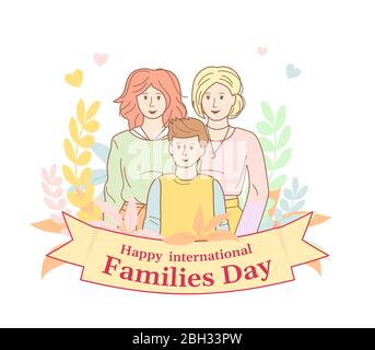 Journée internationale des familles avec couronne de fleurs. Deux mamans et fils. Carte pour le style de dessin animé de la Journée internationale de la famille. Portrait de famille, personnes heureux. Illustration vectorielle Illustration de Vecteur