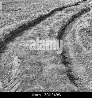 Les pneus de tracteur noir et blanc monochromes bouchent à la distance. Métaphore dans une rut, laissant une profonde impression, changer de cap. Banque D'Images