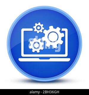 Icône d'ordinateur portable et d'engrenage isolée sur l'illustration abstraite à bouton rond bleu spécial Banque D'Images