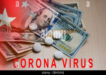 coronavirus, dollars. Coût élevé de la médecine et de la santé. Banque D'Images