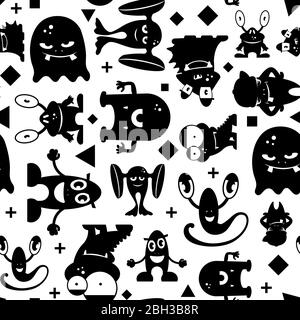 Motif noir et blanc transparent avec monstres. Illustration vectorielle monochrome Illustration de Vecteur