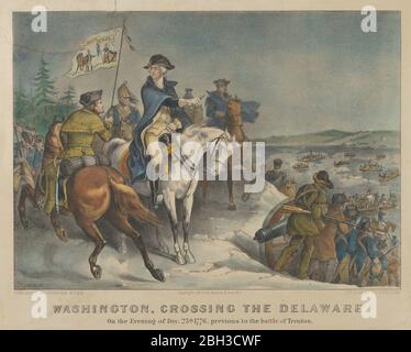 Washington, traverser le Delaware-le soir du 25 décembre 1776, avant la bataille de Trenton., 1876. Pendant la Révolution américaine. George Washington pointe vers la rivière alors que les troupes s'embarquent dans des bateaux à rames. Après John Cameron Banque D'Images