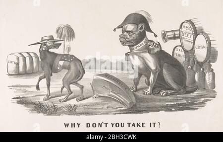 Pourquoi ne prenez-vous pas ça ?, 1861-64. Les sawons politiques de la guerre civile américaine avec le chef confédéré Jefferson Davis, comme lévriers, s'éloignant d'un buldog agressif, le général Ulysses S. Grant. Banque D'Images