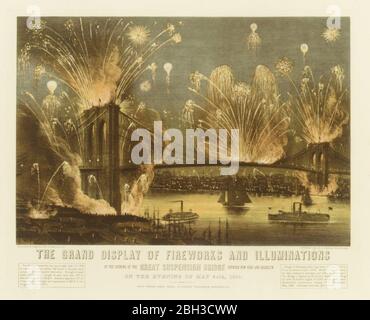Grand spectacle de feux d'artifice et d'illuminations à l'ouverture du Grand pont suspendu entre New York et Brooklyn le soir du 24 mai 1883. Vue de New York en direction de Brooklyn., 1883. Conçu par John Augustus Roebling, ingénieur d'origine allemande Banque D'Images