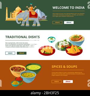 Cuisine indienne et différents éléments traditionnels. Bannières horizontales avec place pour votre texte. Plat national indien, bannière de cuisine asiatique traditionnelle Illustration de Vecteur