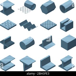 Ensemble d'icônes industrielles de production métallogique. Images isométriques de tuyaux en acier ou en fer. Tuyau métallique et acier de production, tube de construction et prof Illustration de Vecteur