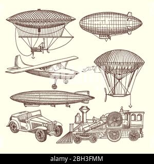 Illustrations de machines de style steampunk. Transport vectoriel zeppelin et transport aérien, voiture et train Illustration de Vecteur