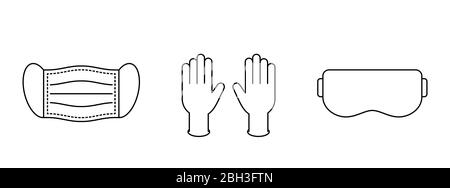 Ensemble d'icônes de ligne de masque, gants et lunettes de protection. Équipements médicaux de protection individuelle, symboles EPI. Prévention du virus Corona. Contour noir sur blanc Illustration de Vecteur