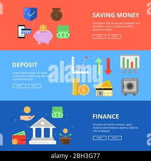 Jeu de bannières horizontales. Économisez votre argent. Images vectorielles avec différents symboles d'affaires et d'argent. Dépôt financier, investissement financier i Illustration de Vecteur