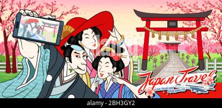 Bannière promotionnelle touristique japonaise avec des Japonais rétro prenant selfie devant la porte traditionnelle du sanctuaire Illustration de Vecteur