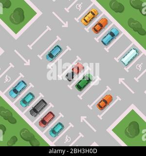 Parking vectoriel en diagonale avec arbres à l'extérieur et places pour personnes handicapées avec illustration de la vue de dessus de la voiture Illustration de Vecteur