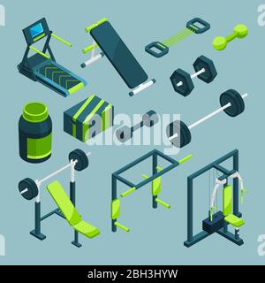 Équipements de sport pour la salle de sport. Illustrations isométriques vectorielles. Appareils de fitness Illustration de Vecteur