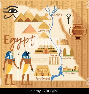 Carte stylisée de l'Egypte avec différents objets culturels et monuments. Egypte carte Voyage avec l'ancien site touristique sphinx et pyramide. Illustration vectorielle Illustration de Vecteur